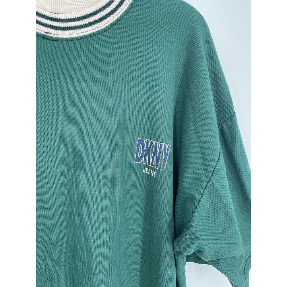 Vintage 90s DKNY Jeans Green Cream Chest Logo Graphic Print Ringer T-Shirt USA - Picture 2 of 10
